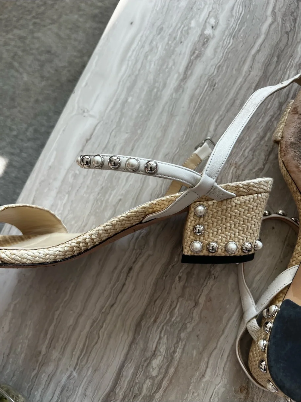 Jimmy Choo Cream Woven Raffia Sandals with Silver Studded Ankle Strap - Picture 7 of 10